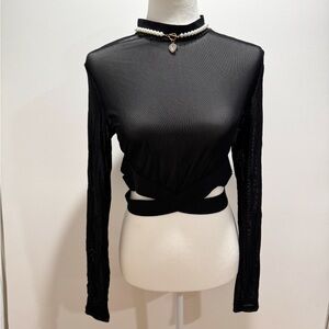 Charlotte Russe Black Cut Out Strappy Sheer Cropped Long Sleeve Top